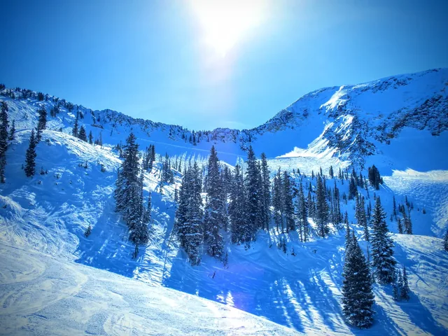Brighton Ski Snowboard Resort view from the slops of mountains near Salt Lake Valley in Winter Snow