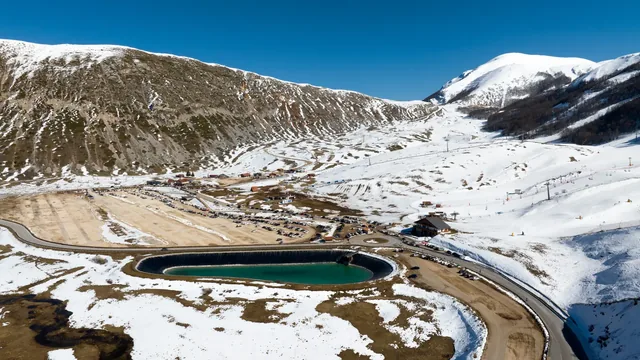Aerial view of the ski resorts of Campo Felice located in the province of L'Aquila, in Abruzzo, Italy. It's winter and there's a lot of snow.