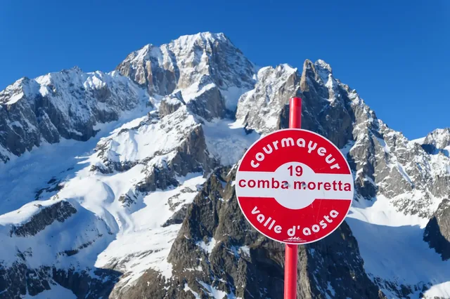 Mont Blanc mountain view from Comba Moretta piste in Courmayeur ski resort.