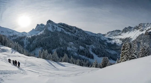 snoeshoe hikers in winter in Diemtigtal, Berner Oberland