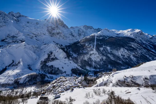 La Grave, Hautes-Alpes, Ecrins National Park, Alps, France: The village of La Grave with La Meije mountain peak in Winter