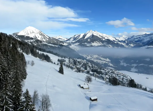 Aerial view of snowy alpine landscape in Leysin, Switzerland