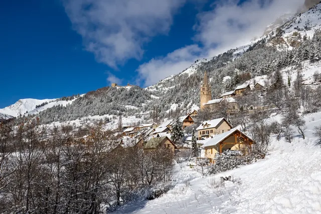The village of Reallon in winter in Ecrins National Park. Hautes-Alpes ski resort, Alps, France