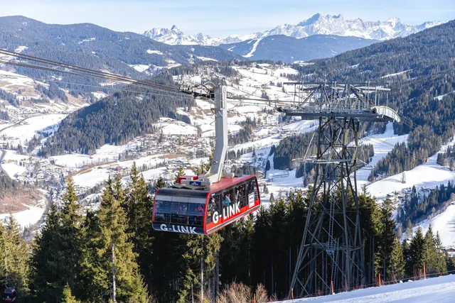 G-link aerial tramway in Snow Space Salzburg, Austria, transporting skiers between Flachau and Wagrain ski resorts