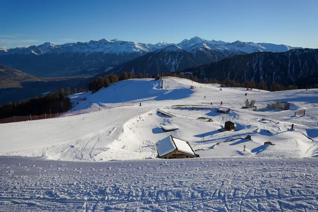 Watles ski slope aerial panoramic view, popular winter holiday ski destination, Italy