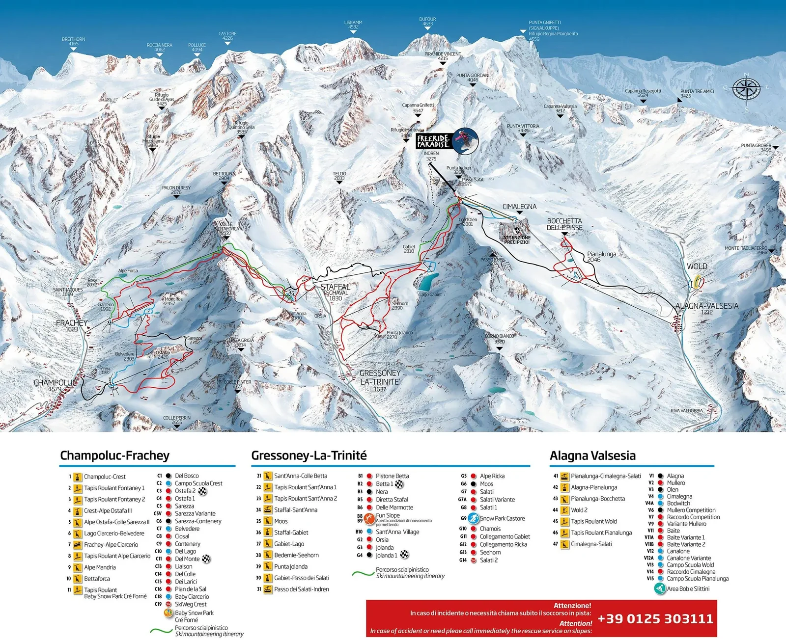 Alagna Valsesia/Gressoney-La-Trinité/Champoluc/Frachey (Monterosa Ski) ski resort trail map
