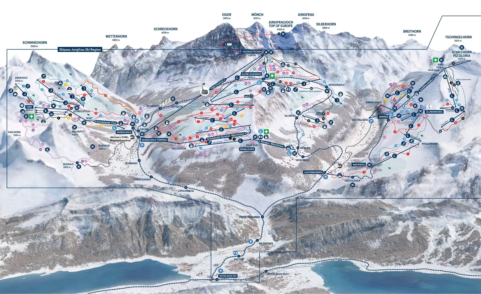 Схема склонов курорта Kleine Scheidegg / Männlichen - Grindelwald / Wengen