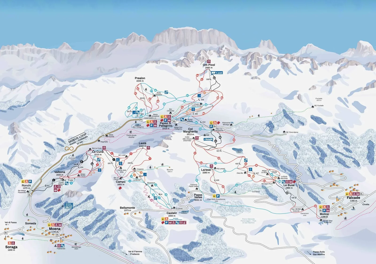Passo San Pellegrino/Falcade ski resort trail map