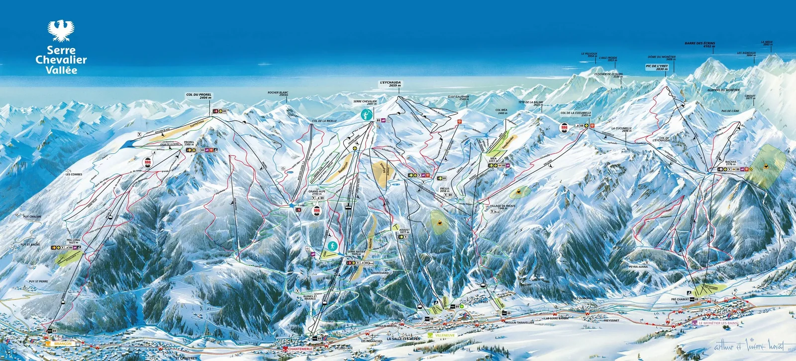 Схема склонов курорта Serre Chevalier - Briançon / Chantemerle / Villeneuve la Salle / Le Monêtier les Bains