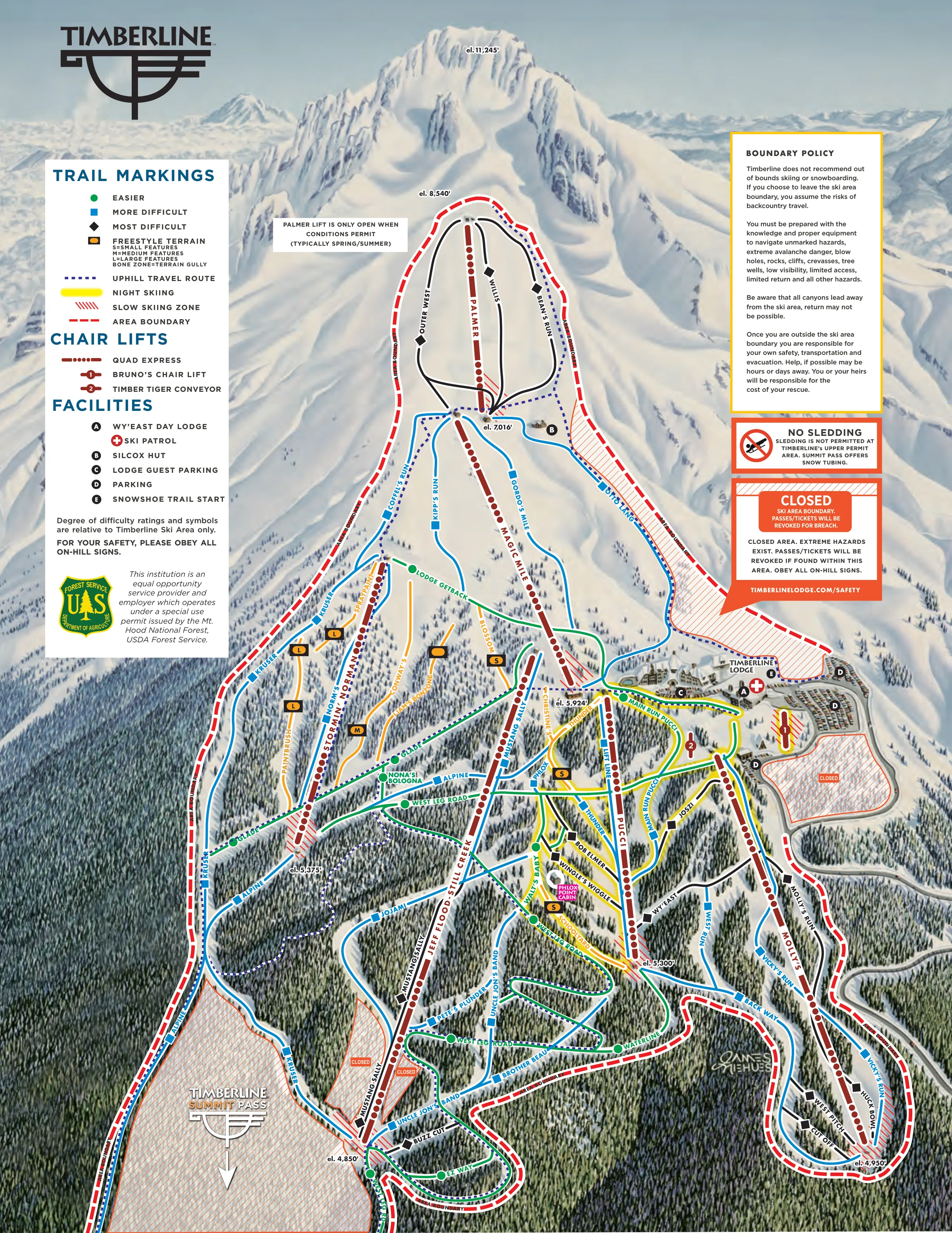 Схема склонов курорта Timberline Lodge