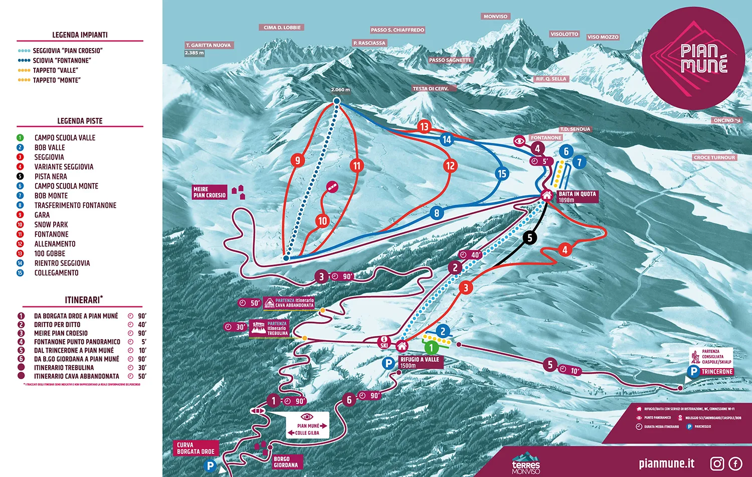 Pian Munè - Paesana ski resort trail map