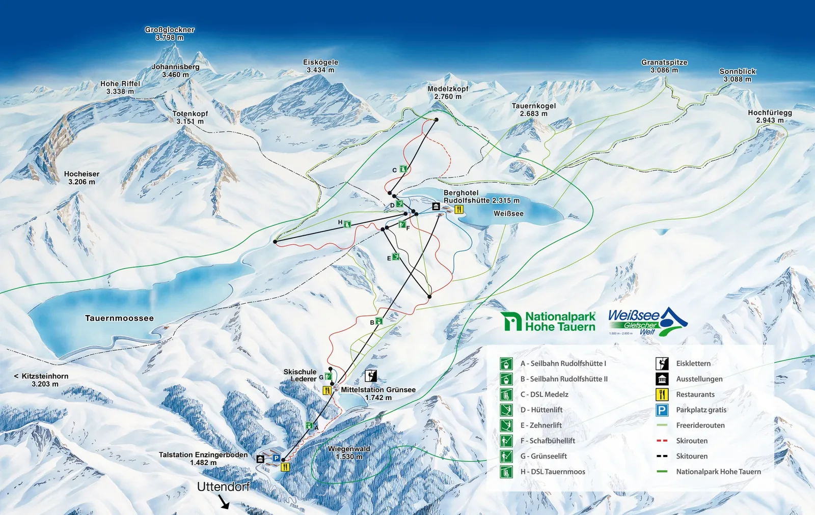 Схема склонов курорта Weissee Gletscherwelt